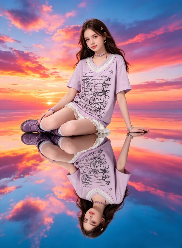 

Girl Japanese Style Tie-dye V Neck Tee Lace Patchwork Strap Loose Tops Summer Fashion Thin Short-sleeved T-shirt for Women