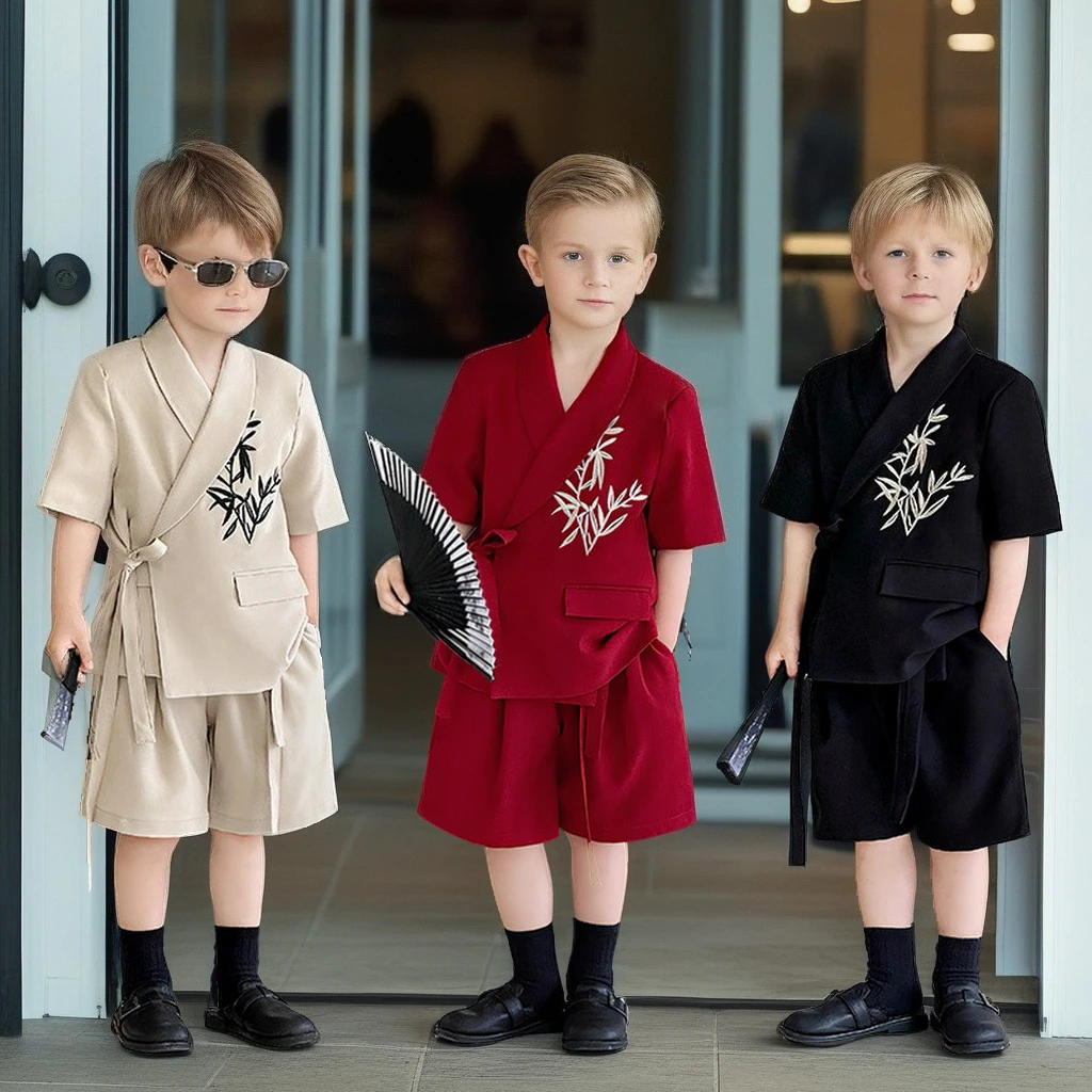 Boys Girls Short Sleeve Blazer Suit Set Bamboo Embroidery Kids Formal Birthday Wedding Casual Outfit Spring Summer Party Wear