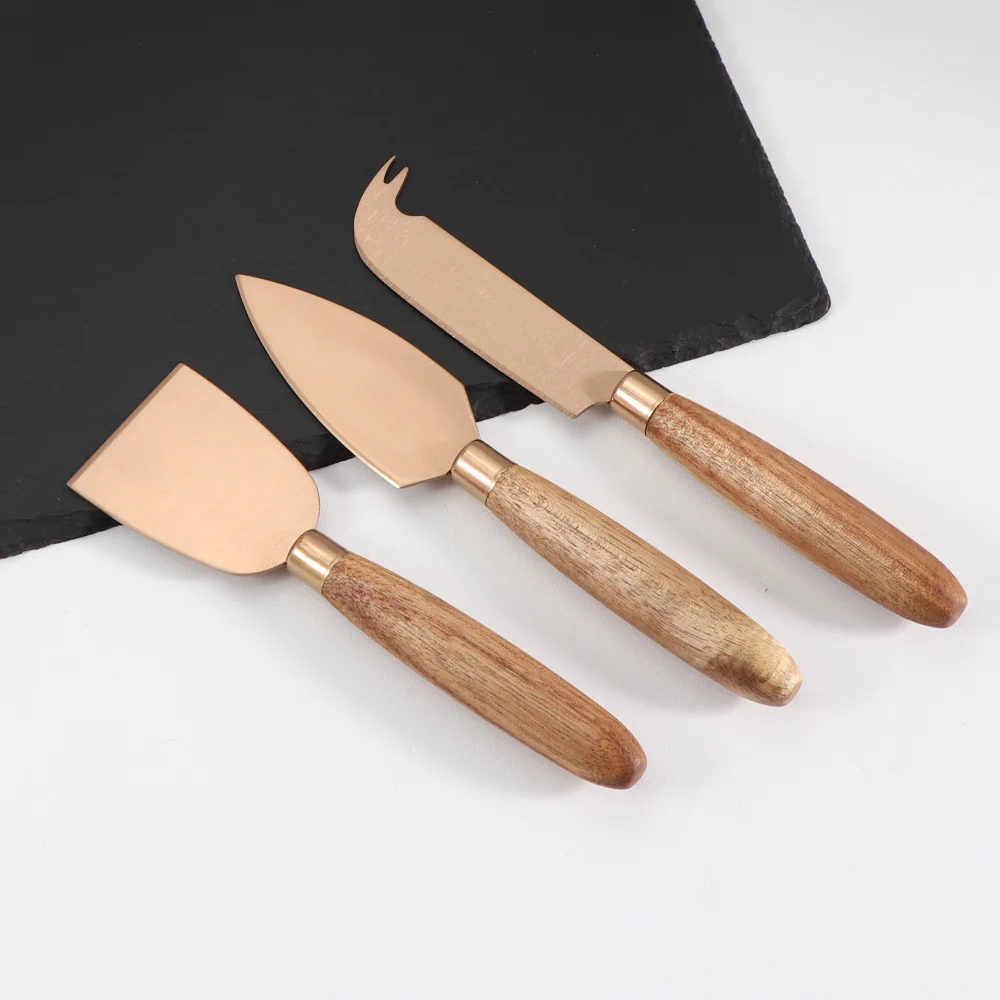 3Pcs Cheese Knives Set Multi-Use Divider Rose Gold Cheese Knife Acacia Wood Handle Butter Spatula Cheese Slicer