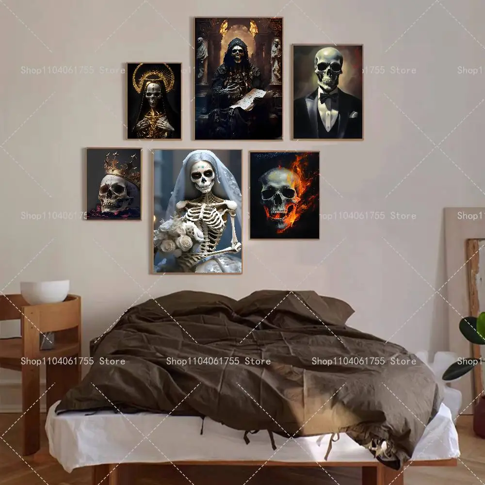 Dark Skull Bones Wearing Crowns or Clothing Poster Self-adhesive Art Waterproof Paper Sticker Coffee House Bar Room Wall Decor