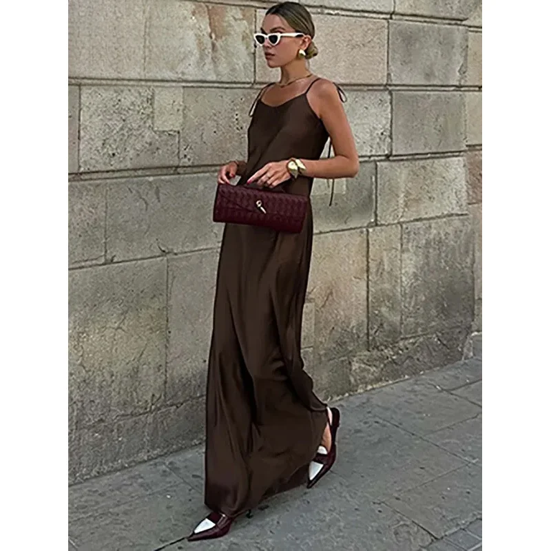 

Bonny Elegant Brown Slim Womens Dresses Fashion Spaghetti Strap Open Back Dresses Casual Straight Floor-Length Dress Streetwear