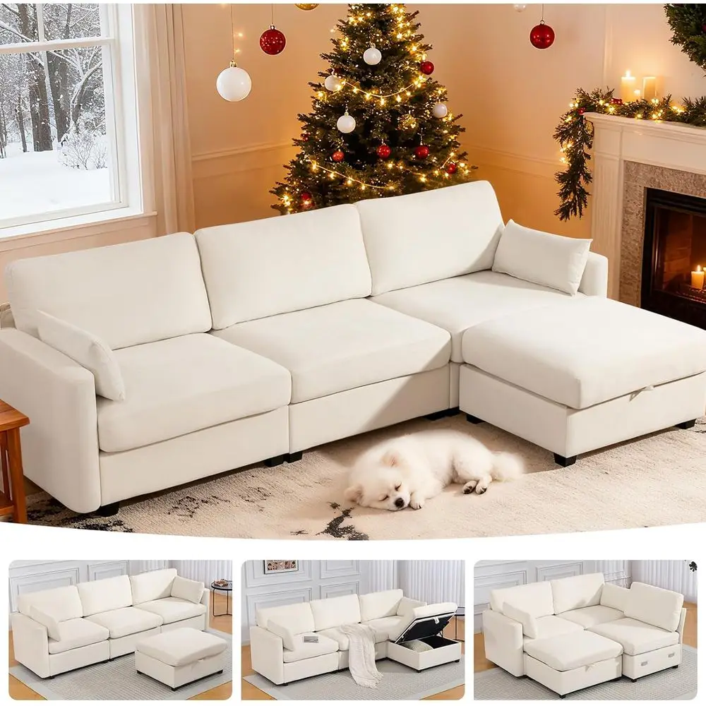 

L-Shaped Sectional Sofa with Storage Ottoman, Comfortable Cloud Sofa, 4-Seat Convertible Couches for Living Room - Beige, Low Le