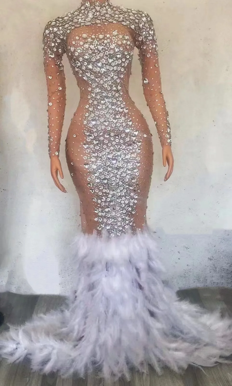 

Sexy Pearls Stones Mirror Dress MeshBirthday Feather Celebrate Evening WealFemale Singer Show See Through Clothes