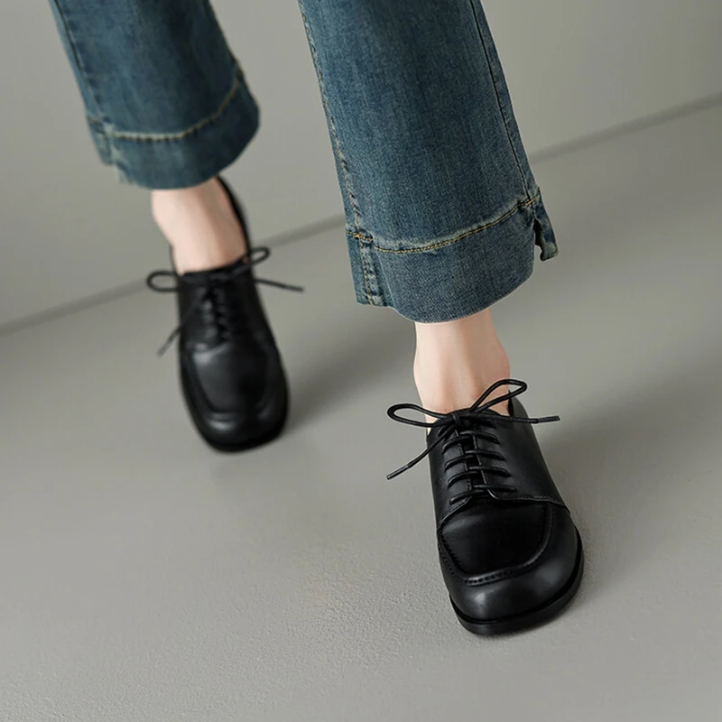 Mocassins en Cuir Fendu à Talons Épais pour Femme, Escarpins à Lacets de Grande Taille, Nouvelle Collection Automne