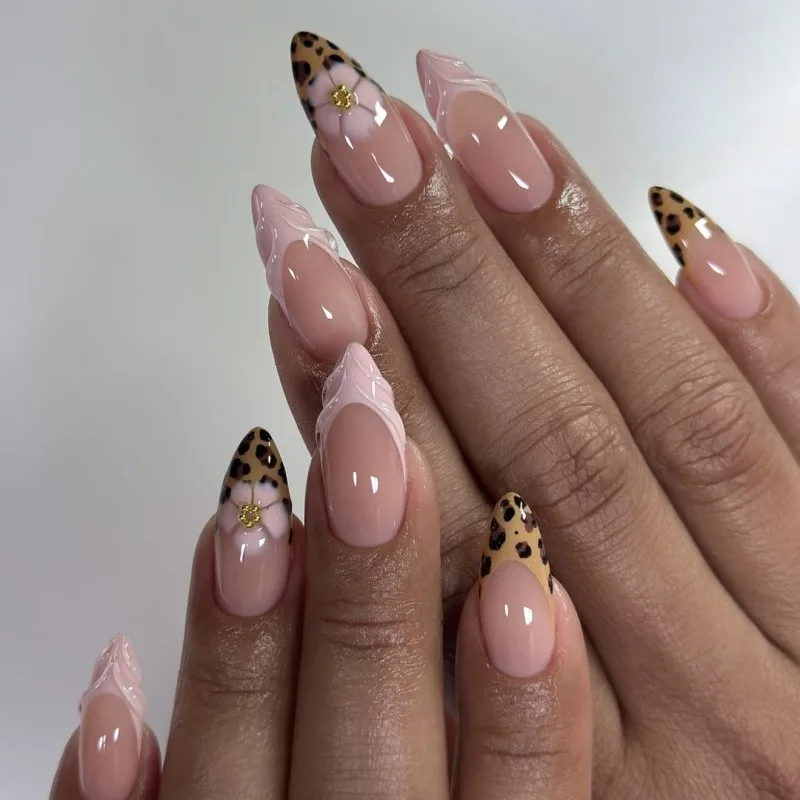 

24pcs Holiday 3D Stick-on Nails for Women French Leopard Print False Nails with Tools Almond Nail Tips Realistic Press on Nails
