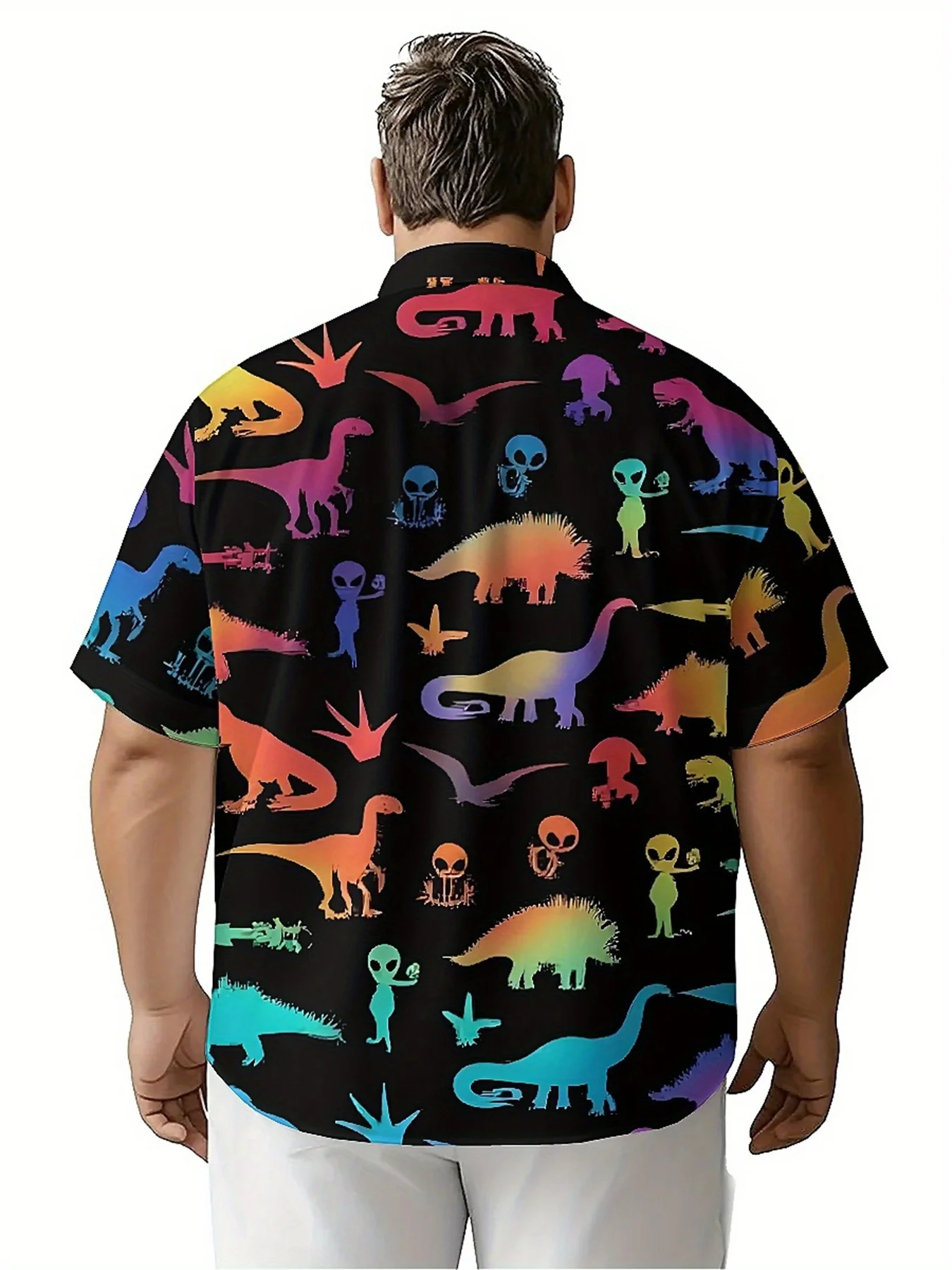 قمصان هاواي للرجال مقاس كبير بنمط الديناصورات والأجانب بألوان قوس قزح، قمصان صيفية غير رسمية، مناسبة للحفلات الخارجية، ملابس الشارع