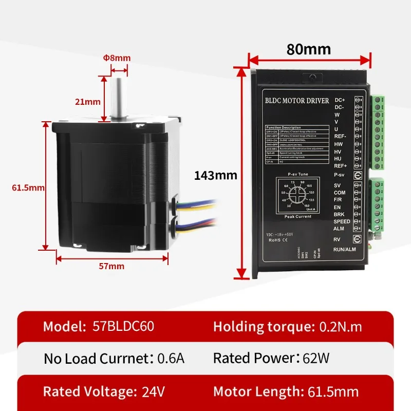 57x57x60mm 3000RPM 3 Phase NEMA 23 DC 24V 62W BLDC Brushless Motor with Driver Kit Flange Mount 0.2NM Torque RoHS CE ISO