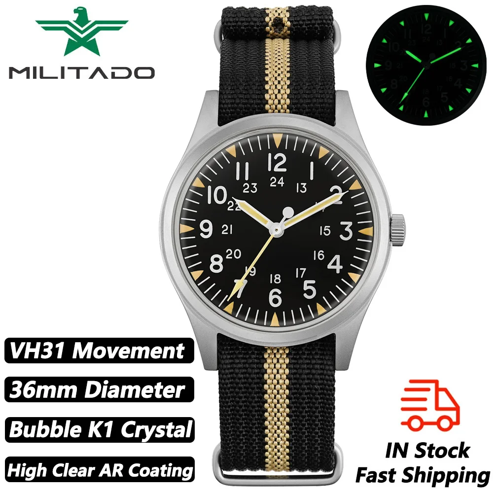 Militado ML07 Vintage Quartz Watch VH31 Movement Wristwatches Bubble Crystal With High Clear AR Coating Luminous 36mm Watches