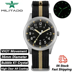 Militado ML07 Vintage Quartz Watch VH31 Movement Wristwatches Bubble Crystal With High Clear AR Coating Luminous 36mm Watches