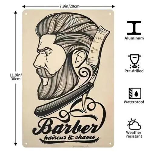 BARBER SHOP METAL TIN SIGN BARBER HAIRCUTS AND SHAVES ART BARBER SHOP WALL ART sign