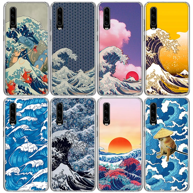 Coque de téléphone en TPU souple, motif artistique japonais ondulé, pour Huawei P30 Lite P40 P20 P10 P50 Mate 10 20 30 40 Pro