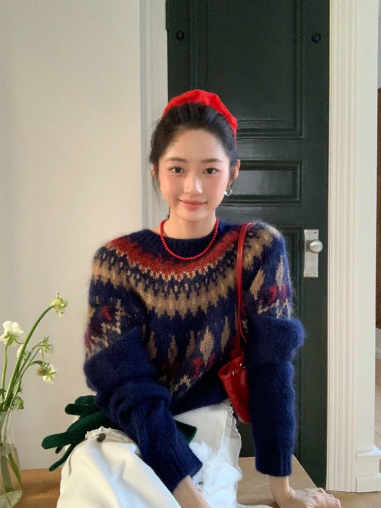 

Vanwenwen round Ne Knitted Sweater Women's Sweet Sle Fair Isle Embroidery Vintage id Light Leakage Film Winter Top