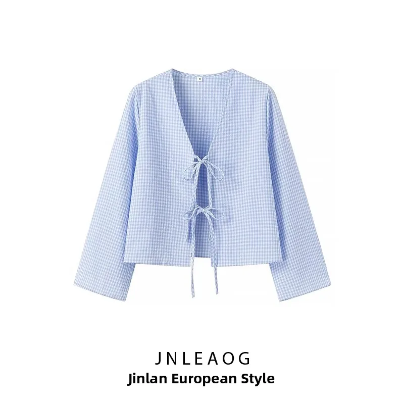 

JNLEAOG Осенний новый женский модный кардиган в клетку, свободный крой, длинный рукав, V-образный вырез, полиэстер