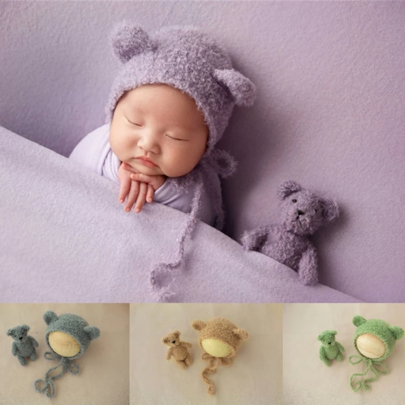 Newborn Baby Photography Props Knitted Cute Bear and Hat with Ears Bonnet 2pcs Set Fotografia Accessories Studio Shooting Props