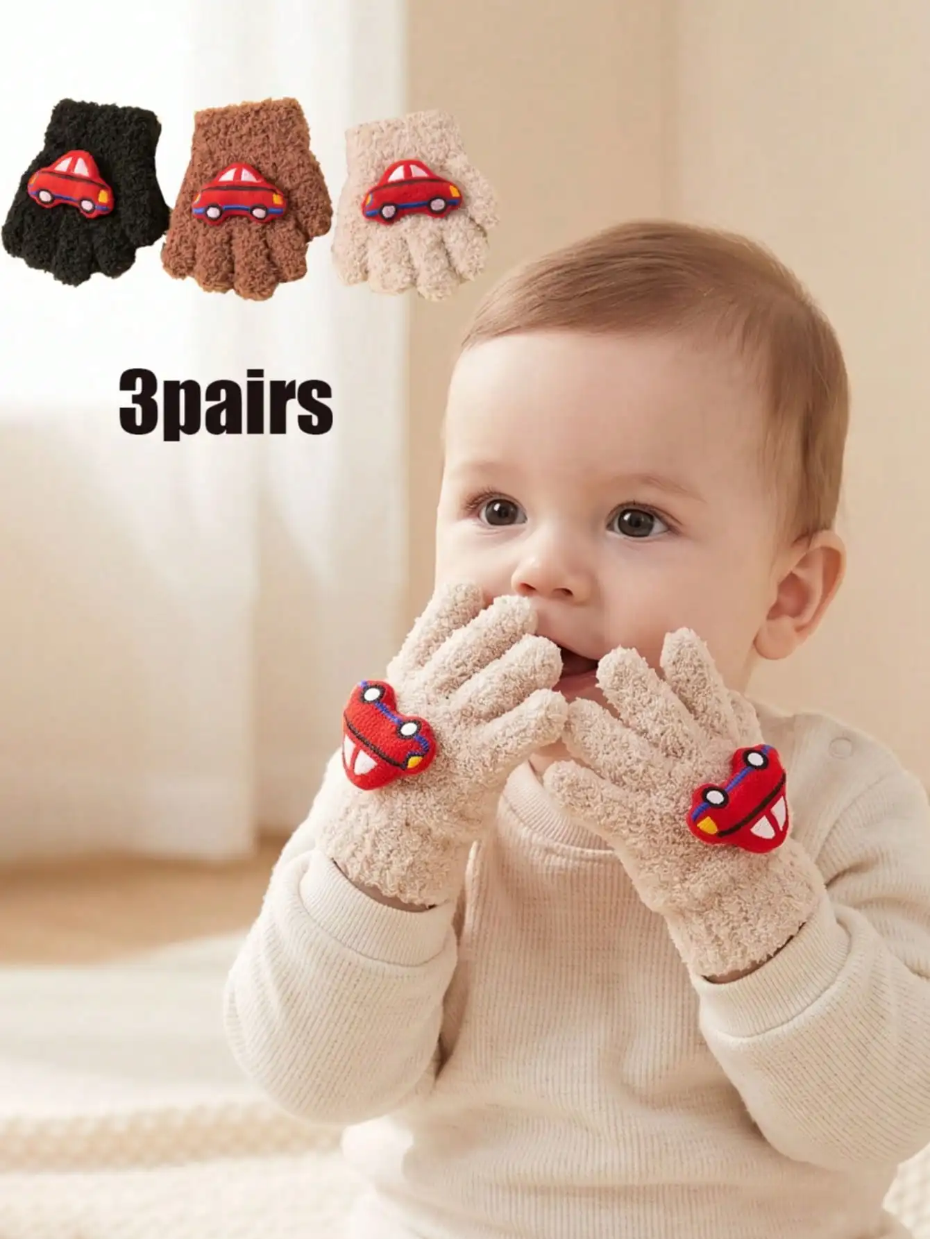 3Pairs 6-30M Baby Kids Cute Boys Knitted Separate Finger Gloves 3D Car Cartoon Mink Fleece Candy Color Toddler Hand Accessories