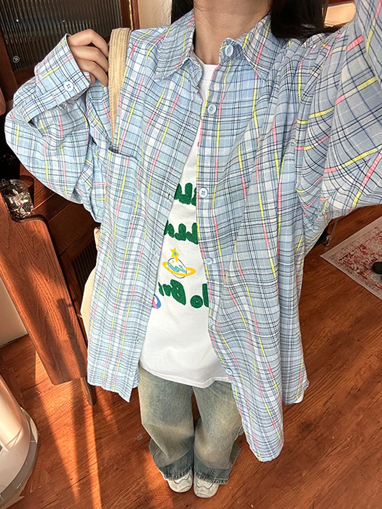 

Свободная мужская полосатая клетчатая одежда irt Autumn Lazy Sle Cleanfit Верхняя одежда в клетку для пар Long Sve на пуговицах