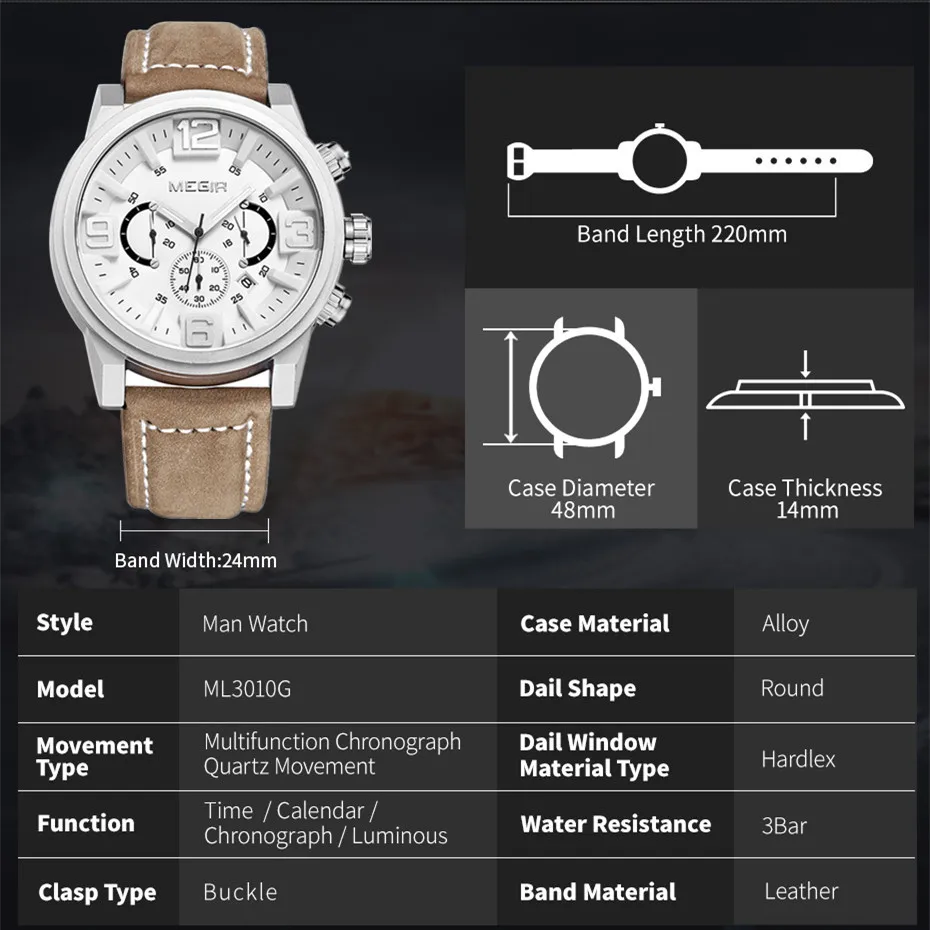 MEGIR Fashion Quartz Watches with 48mm Large Dial Luxury Leather Men Sports Wristwatch Waterproof Calendar Clock Chronograph