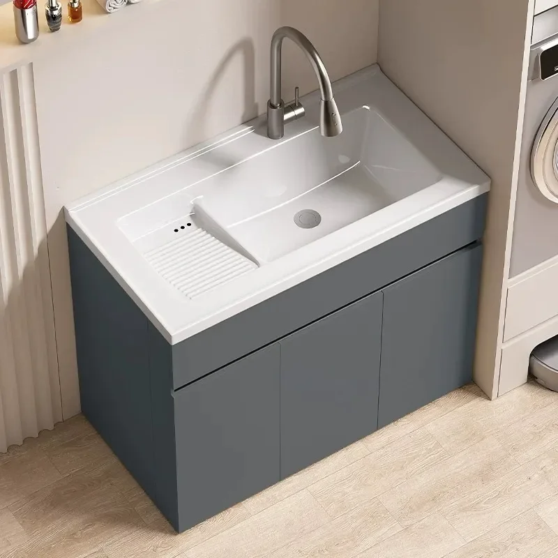 for 18mm Honeycomb Aluminum Laundry Cabinet Balcony Storage with Ceramic Integrated Basin and Washboard Utility Sink