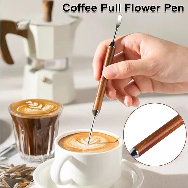 Stainless Steel Coffee Pull Flower Pen Wooden Handle Cappuccino Espresso Decorating Art Pen Coffee Accessories Modeling Tool