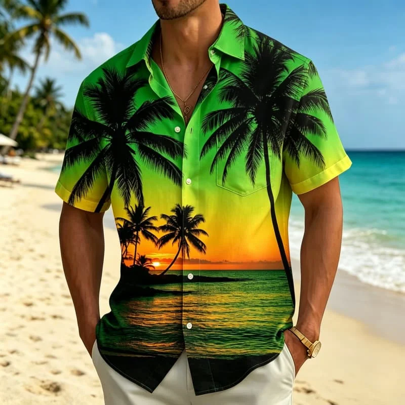 Men's Tropical Landscape Printed Holiday Shirt Suitable for Tropical Beach Vacation Versatile Shirt