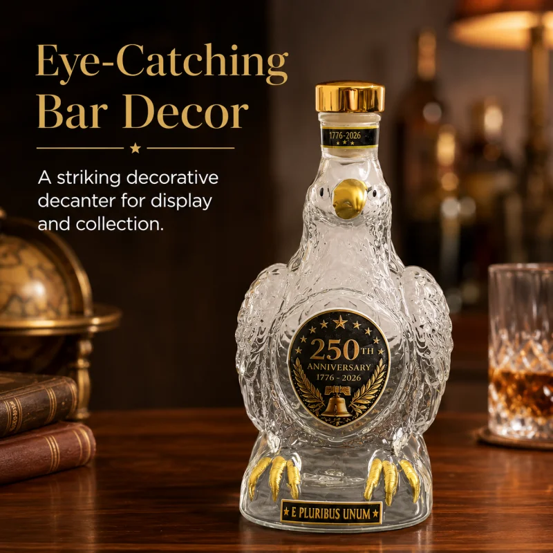 250th Anniversary Eagle Shaped Whiskey Decanter Premium Clear Glass Liquor Bottle With Golden Accents Unique Bird Design Bar