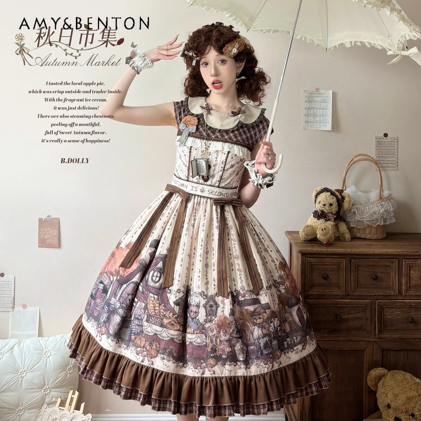 Vintage Elegant CLA Style Lolita Dress Sweet Cartoon Print Doll Collar Short Sleeve Slim Mid-Length Puff Dress Princess OP Dress