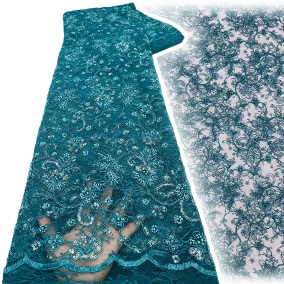 

Синяя 2026 Роскошная кружевная ткань с бисером Премиум-французская нигерийская кружевная ткань с блестками идеально подходит для свадебных платьев и праздничных платьев SZ2125