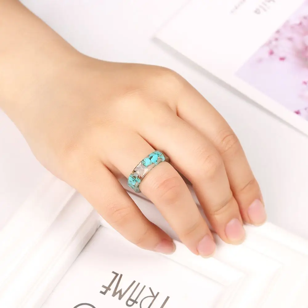 New Women Handmade Jewelry Plants Inside Resin Ring Flower Wooden Band Ring