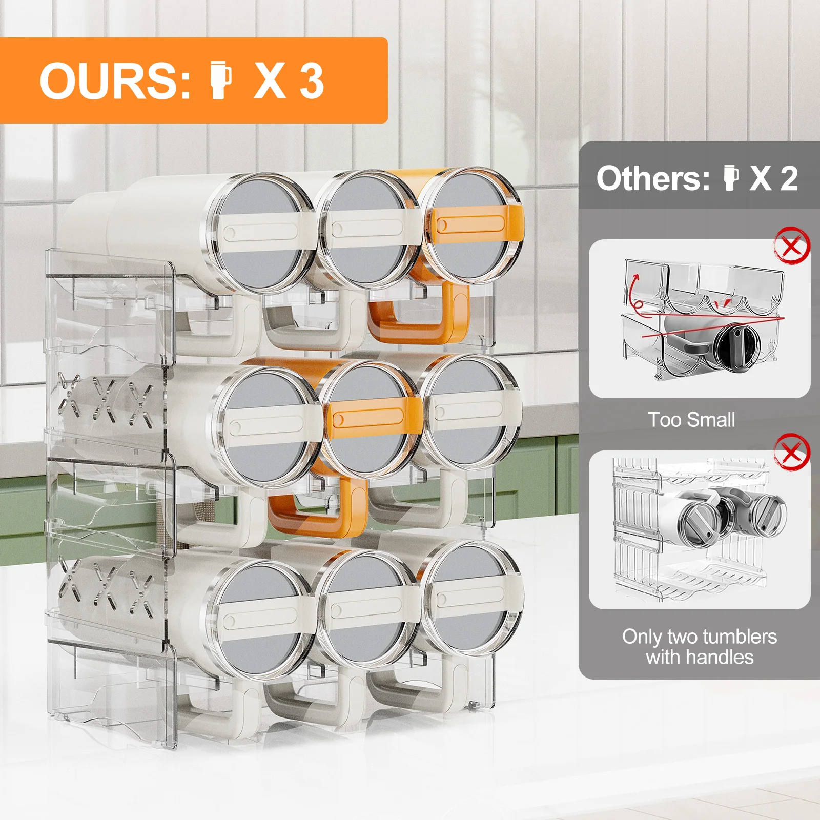 Stackable Water Bottle Organizer for Cabinet Fridge Kitchen Pantry Organization Plastic Wine Racks Tumbler Travel Mug Cup Holder