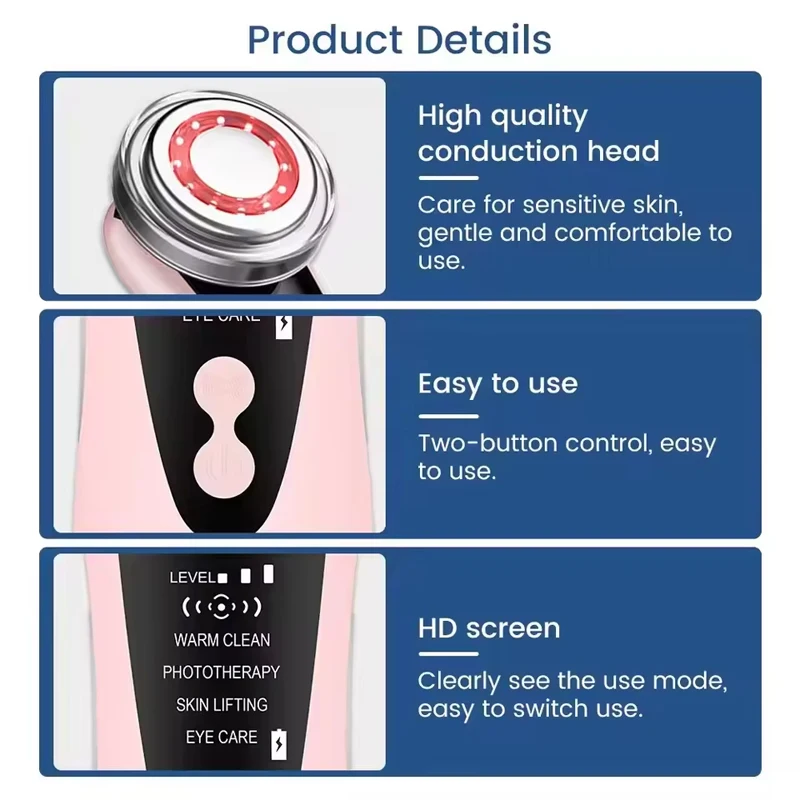 Masażer do twarzy z niebieskim i czerwonym światłem, wielofunkcyjne narzędzie do pielęgnacji skóry, ciepłe, czyste wibracje, urządzenie kosmetyczne, odmładzanie i ujędrnianie skóry.