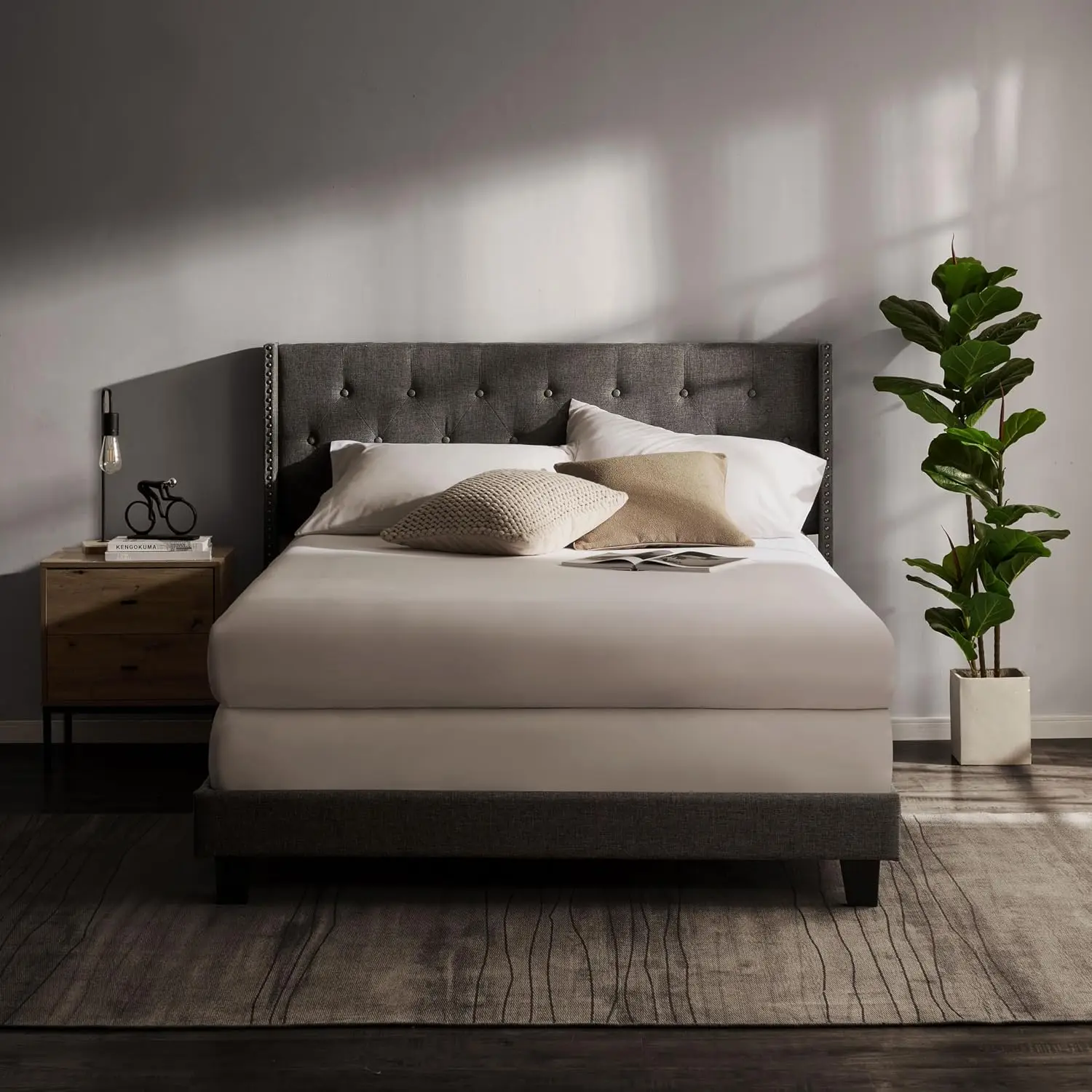 Queen Bed Frame with Headboard Wingback – Linen Platform Bed Frame Queen Size, Button-Tufted Upholstered Bed Frame, Customized