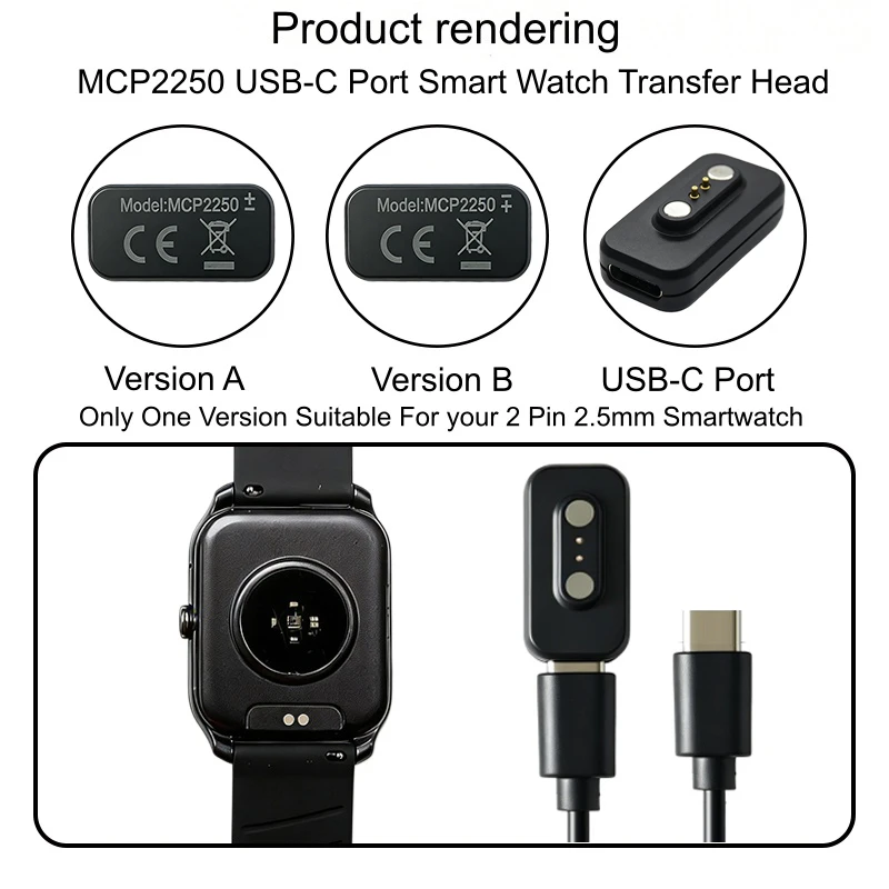 Magnetic Charging Adapter Version A+Version B Transfer Head & USB-C Cable For 2 Pin 2.5mm Smartwatch(Only One Version Work)