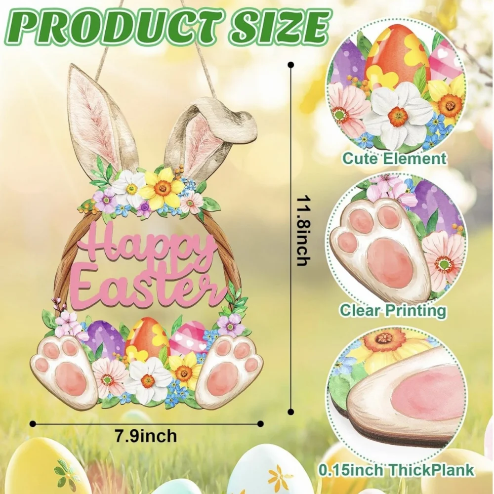 2026 Happy Easter Door Sign Colorful Easter Rabbit Egg Decorative Wooden Hanging For Garden Gate House Door Easter Decor