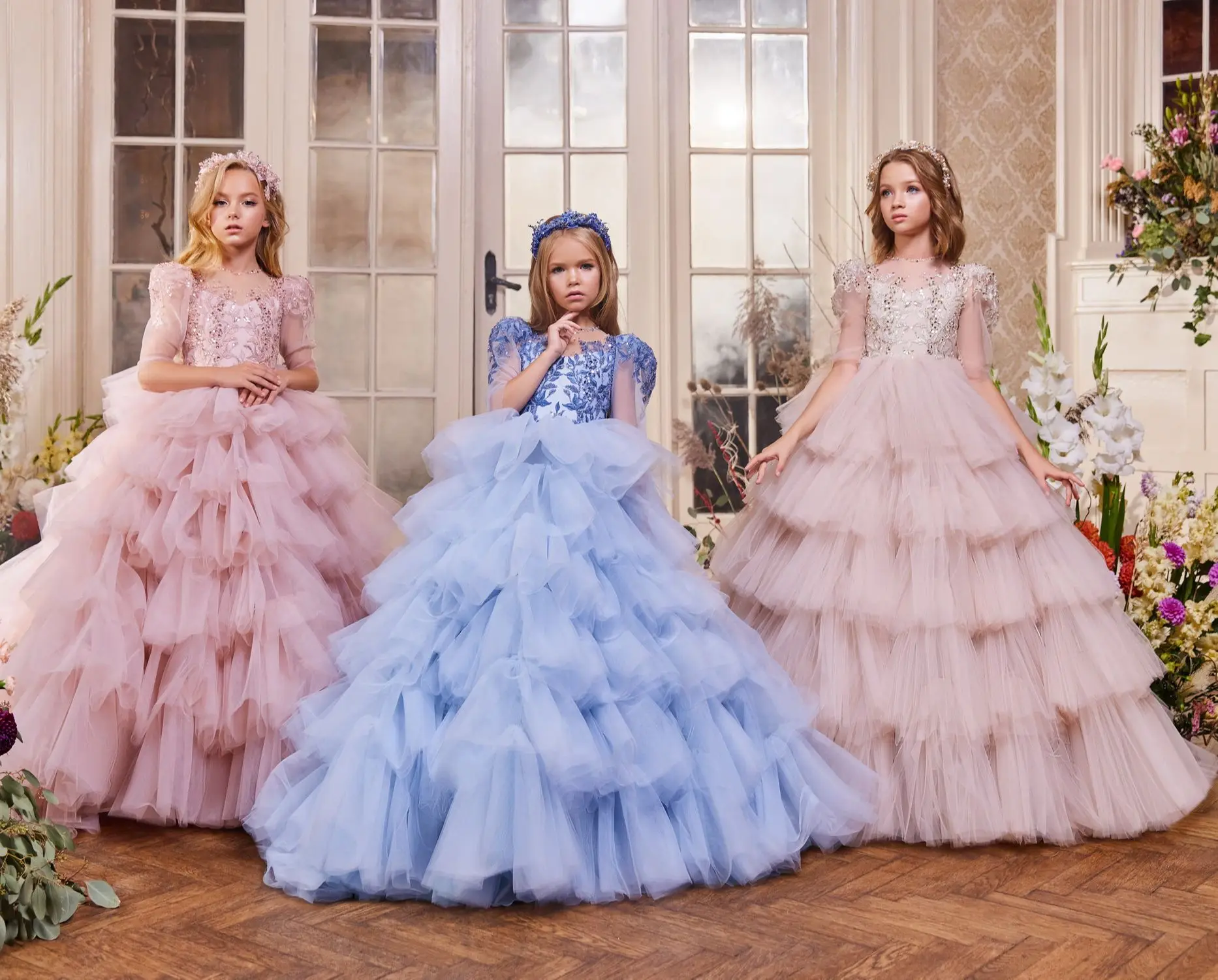 Vestidos de flores para niña, vestidos de banquete con cuentas azules, faldas escalonadas, vestido de princesa, boda, fiesta de graduación, navidad