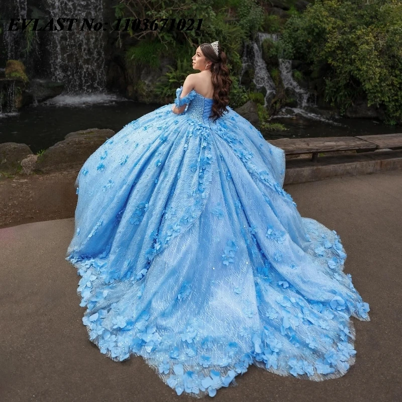 

EVLAST мексиканское синее платье Quinceanera бальное платье 3D Цветочная Кружевная аппликация корсет украшенный бисером Sweet 16 Vestidos De XV Anos SQ337