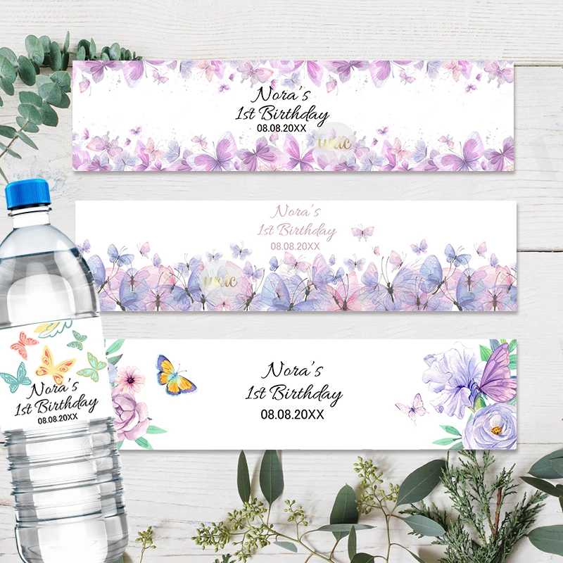 30 sztuk/partia niestandardowe motylkowe dekoracje urodzinowe etykiety na butelki naklejki dziewczyny personalizuj motyle Party Baby Shower etykiety