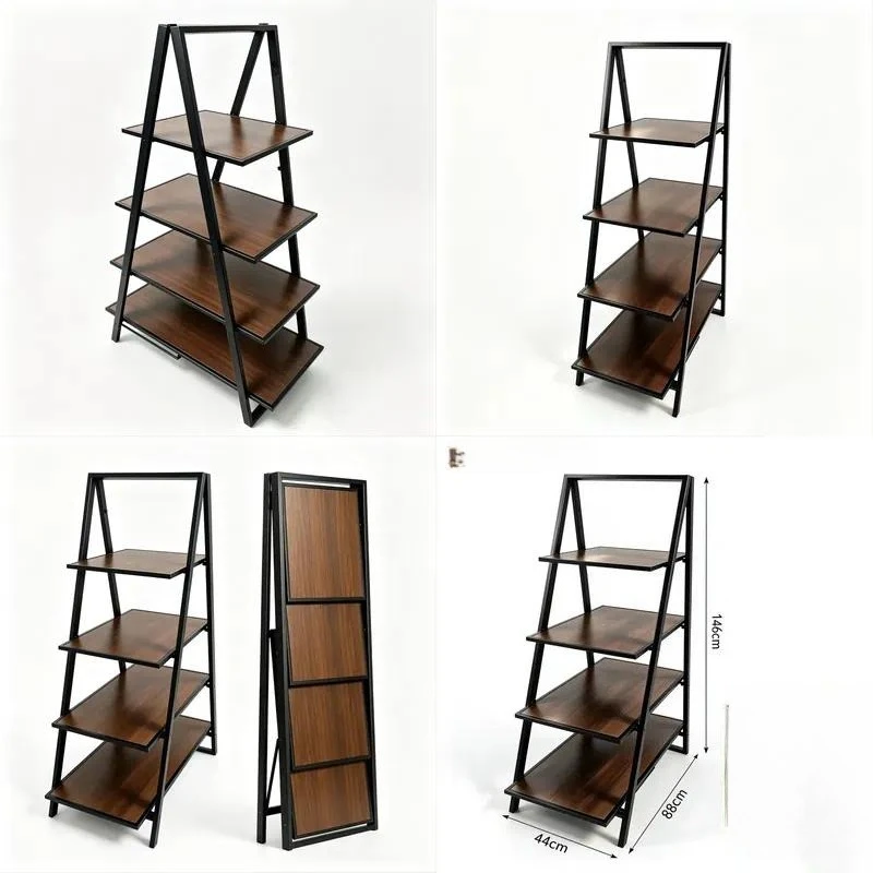Rugged Heavy Duty Folding Iron Triangular Ladder Display Stand with MDF Board for Indoor Outdoor Plant Flower Home Decor