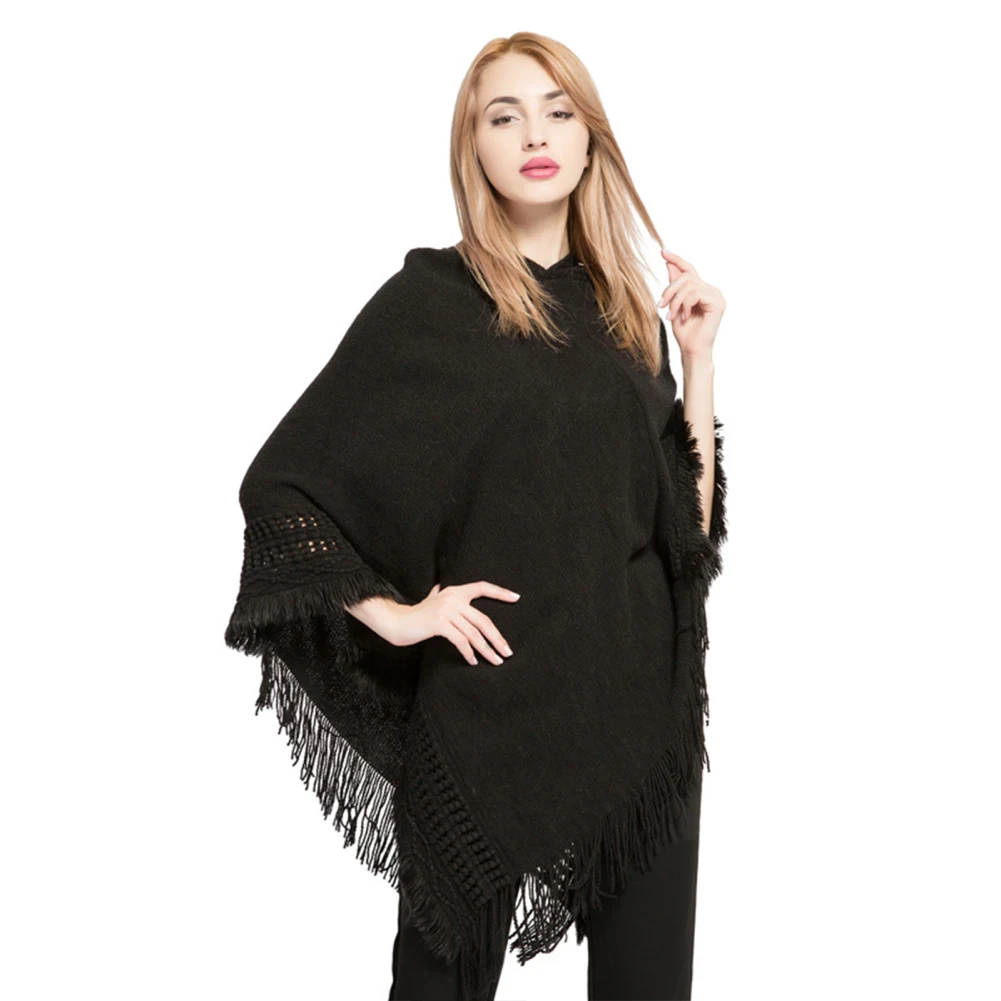 Women's Hooded Shawls Cape Knitted Pullover Sweaters With Fringed Hem Loose Fit Warm Crochet Tassels Wraps Capes