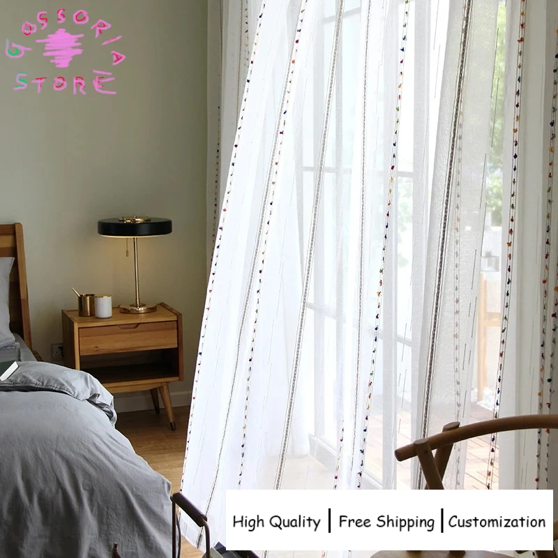 

Sample Custom Embroidered Voile Colorful Stripes Tulle Curtains for Living Room Bedroom Window Decoration Custom Size Drapes