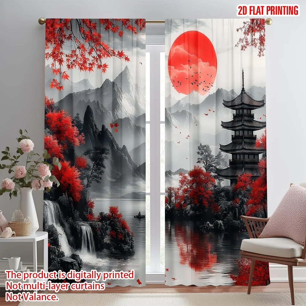 

2D flat printing 2pcs Party Window Curtains Japanese Landscape with Red Sun Digital Printed Polyester Drapes Festive Wall Decor