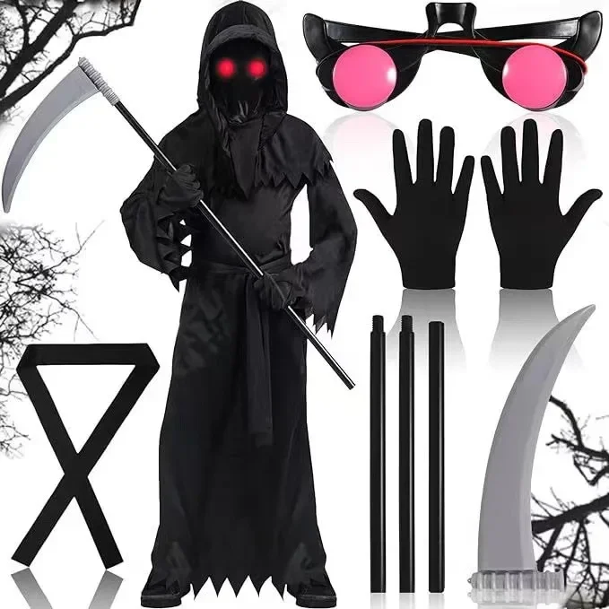 

Halloween Cosplay Costume Grim Reaper Scary Skeleton Costume Children Glowing Red Eyes Grim Reaper Ghost Robe Send Scythe Props