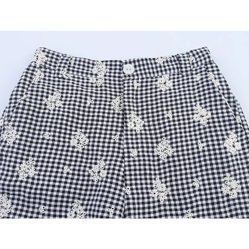 Letnie spodnie damskie w stylu vintage z wysokim stanem, haftowane, w kratę, z szerokimi nogawkami, na co dzień, lato 2025