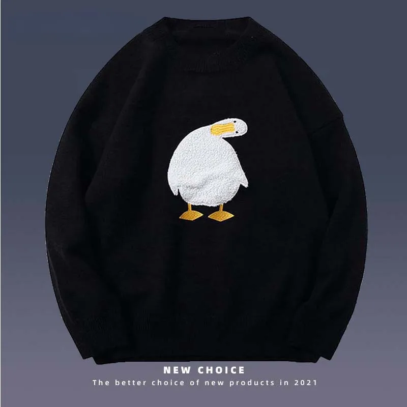 Hip Hop Oversized Sweater Men Retro Cartoon Duck Goose Embroidery Jumper Mens Harajuku Winter Knitted Pullover Streetwear Couple