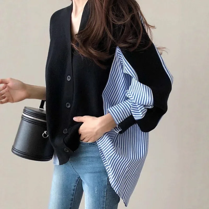 

Autumn Winter Versatile Open Cardigan Outerwear Loose Long Sleeve V-Neck Women's Knitwear Korean Style Striped Shirt Patchwork