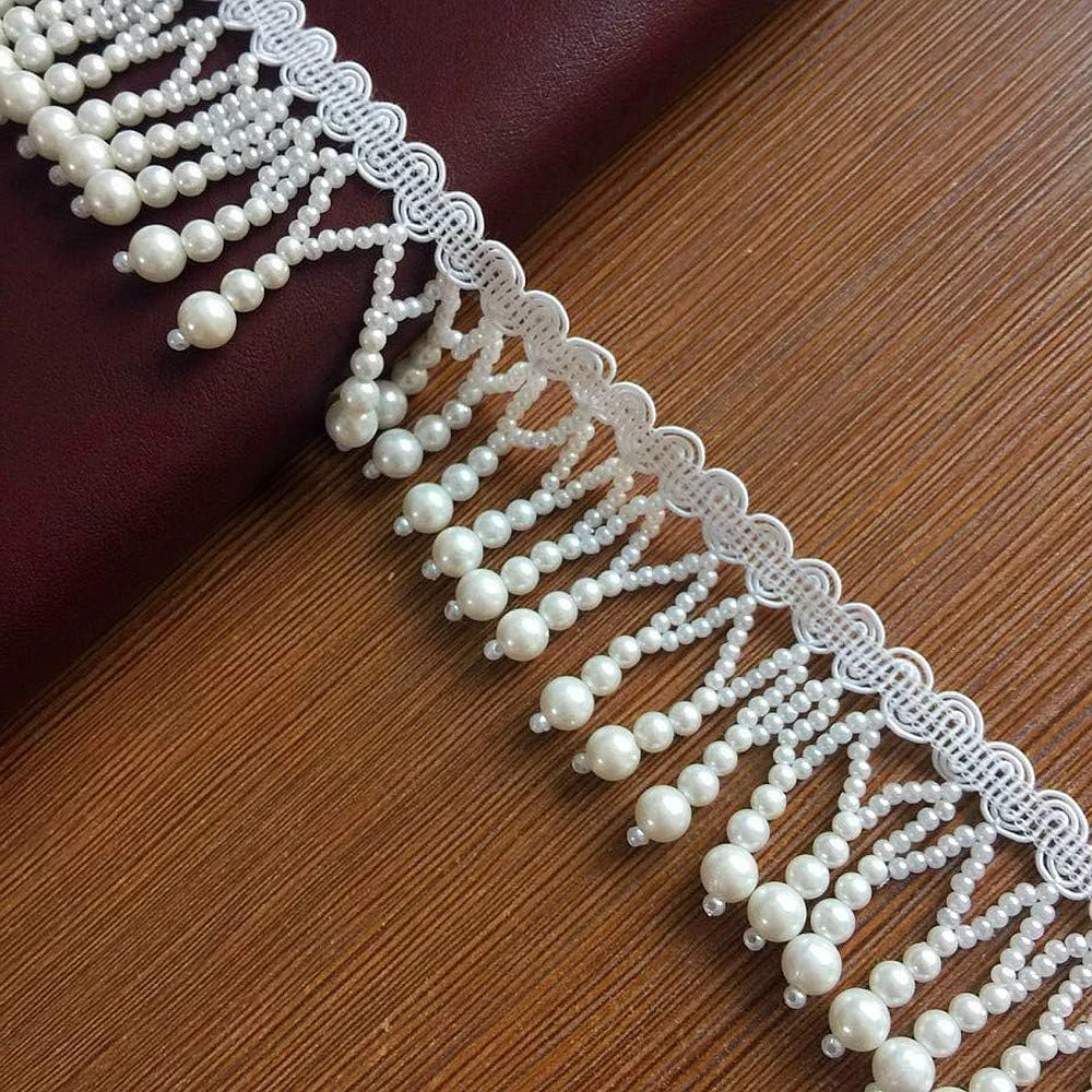 1 Yard Pearl Tassel Beaded Lace Ribbon For DIY Sewing Clothing Edge Craft Curtain Pearl Pendant Tassels Wedding Bridal Headwear