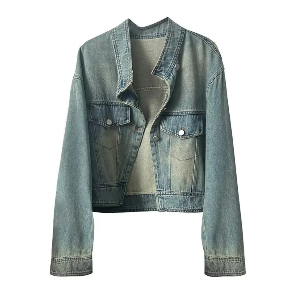 

Women's Retro Distressed Denim Jacket Half Turtleneck Loose Casual Short Top Small Design Outerwear