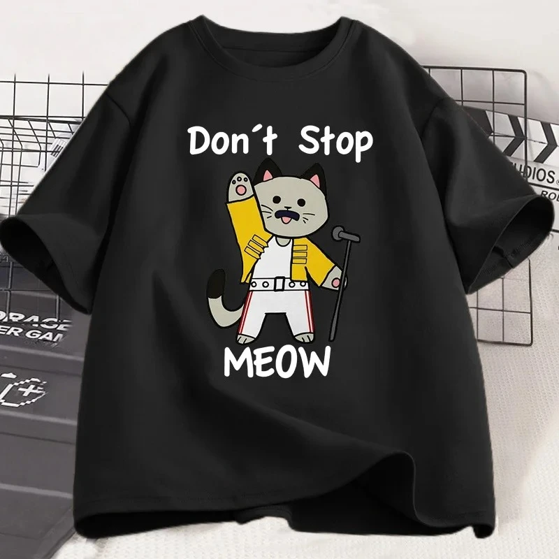 Don't Stop Meow T-Shirt Funny Cat Printed T Shirt Women Vintage Music Cartoon Casual Short Sleeve Women Fashion Top Clothing
