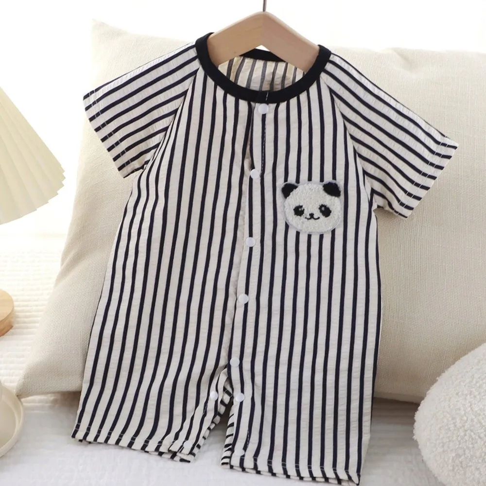 

3-18Month Newborn Infant Color Block Panda Romper Short Sleeve Stripe Onesie Jumpuit For Baby Boys Toddler Clothes