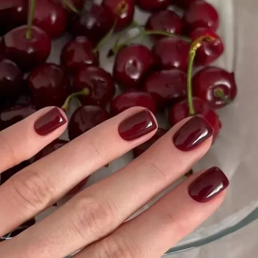 24 pçs simples dicas de unhas destacáveis cor sólida vinho vermelho unhas falsas acrílico artificial meninas curto quadrado imprensa em unhas falsas