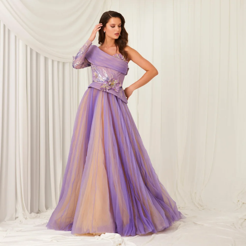 

Elegant Lavender One Shoulder A-line Pleated Tulle Long Prom Dresses Delicate Appliques Formal Party Dress Bridal Gowns